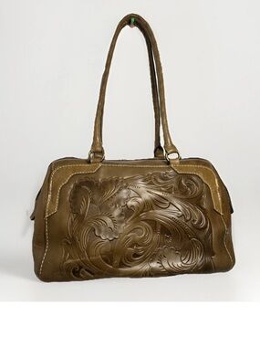 Patricia Nash Olive Drab Green Leather Shoulder Bag/ Tote w Embossed Flowers